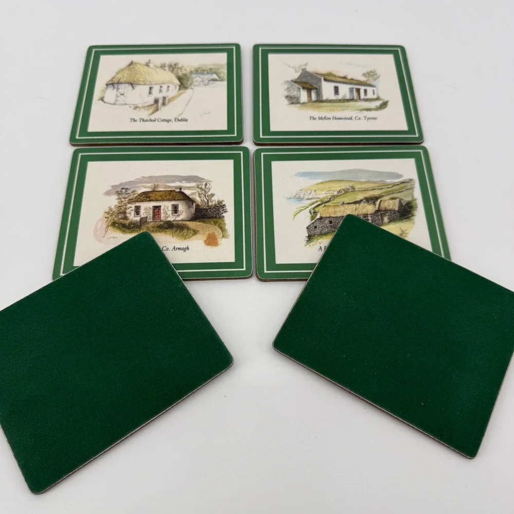 Lucan Designers Coaster Set Green Illustrated Cork Irish Cottages 6pc